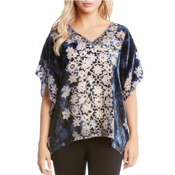 NWT Karen Kane Blue Velvet Floral Burnout Poncho Top M - Picture 1 of 8